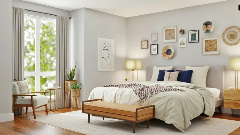 Bright bedroom with a double bed, bench and a window