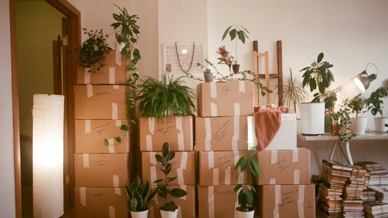 Cardboard moving boxes stacked beside houseplants in a home