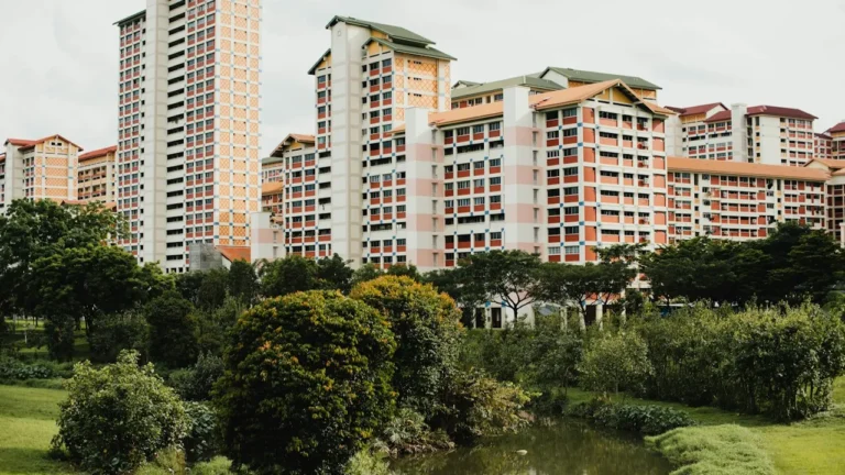 Apartment buildings overlooking trees and landscaped grounds