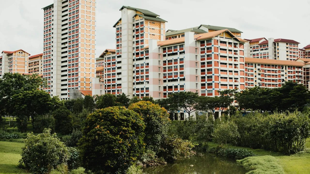 Apartment buildings overlooking trees and landscaped grounds